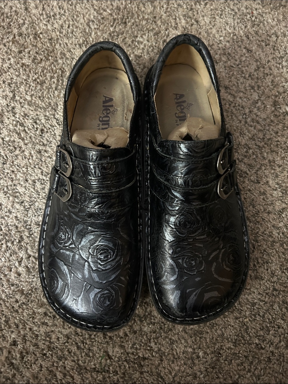 Alegria Black Rose Embossed Double-Buckle Clogs, Size 41